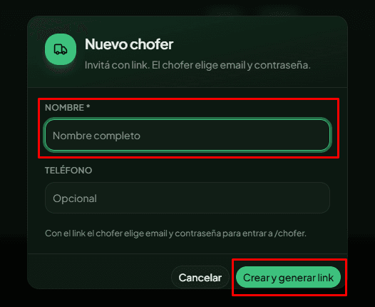 Modal Nuevo chofer