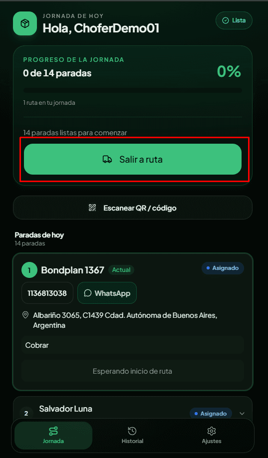 App chofer → Salir a ruta