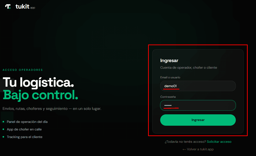 Pantalla de acceso de operadores